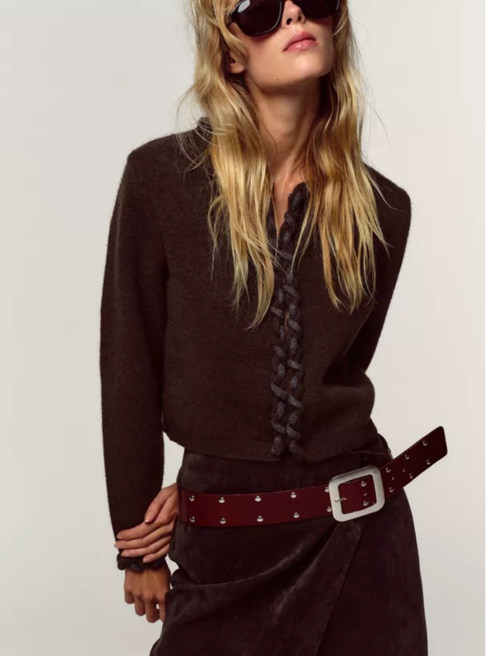 ZARA NEW WOMAN INTERWOVEN TRIM CARDIGAN BROWN